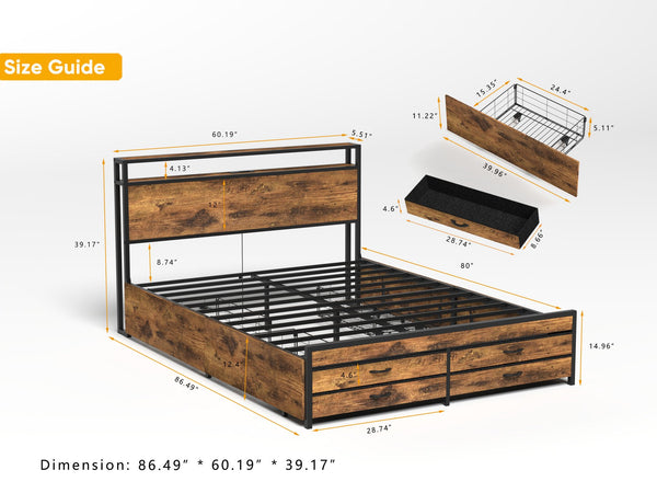 English Elm Queen Storage Bed Frame with 8 Drawers, LED RGB Headboard, USB Charging, Metal Platform, Noise-Free Stability W2129P269875