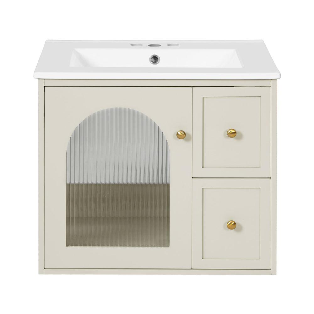 English Elm 24" Modern Wall-Mount Bathroom Vanity with Ceramic Sink, Glass Door Cabinet, 2 Drawers, Soft-Close Beige N710P286704Y