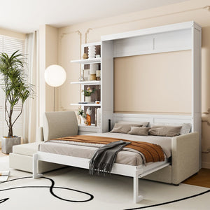 English Elm Queen Wall Bed with Linen Sofa and Open Shelving for Studio or Guest Room LP000592AAK-2