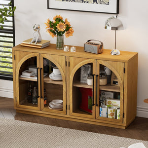 English Elm Trexm Arched Glass Door Buffet Sideboard Oak Veneer Storage Cabinet for Dining Room Natural Wood XW000021AAE-2026