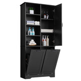 English Elm Bathroom Storage Cabinet With Doors and Drawers, Tilt-Out Laundry Hamper, Multiple Storage Space, Freestanding Style, Open Shelve, Adjustable Shelf, Black