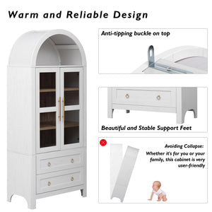 English Elm K&K 71" Arched Kitchen Pantry Cabinet with Glass Doors, Adjustable Shelves, Soft-Close Drawers White N707P288972W