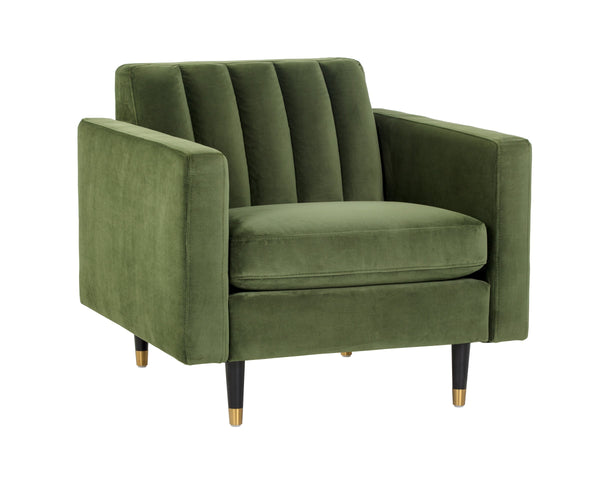 Sunpan Yosi Velvet Accent Armchair with Channel Tufted Back and Brass Tipped Rubberwood Legs 103689V