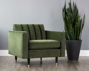 Sunpan Yosi Velvet Accent Armchair with Channel Tufted Back and Brass Tipped Rubberwood Legs 103689V