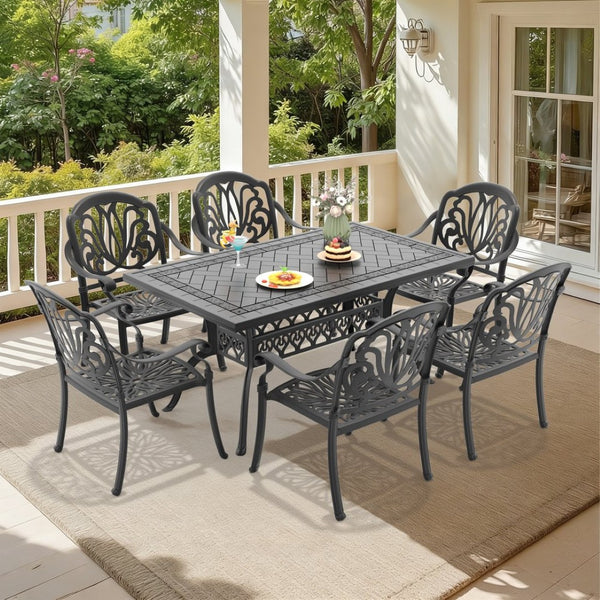 English Elm 7-piece Cast Aluminum Outdoor Dining Set Ornate Patterned Frames with Weather Resistant Cushions W1710S00575