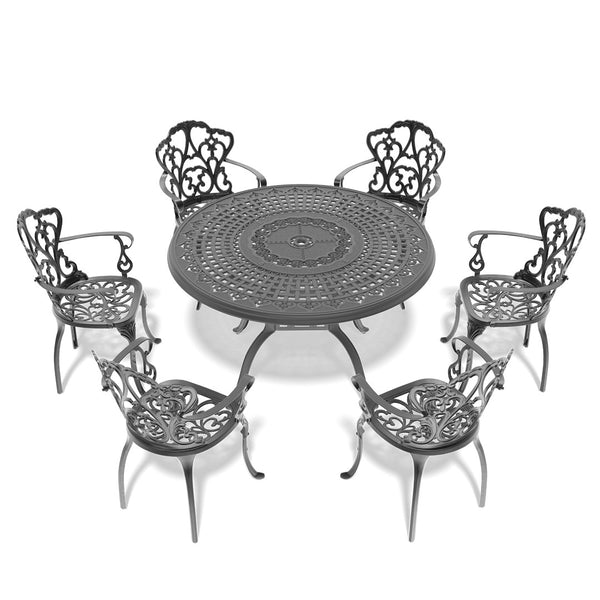 English Elm 7-piece Cast Aluminum Outdoor Dining Set Ornate Floral Carved Patio Furniture W1710S00623