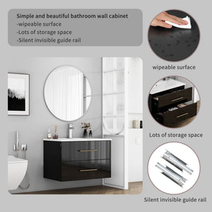 English Elm 30-Inch Sleek Black Gloss Wall-Mounted Bathroom Vanity With Integrated Sink & Easy Installation Options W3151S00054