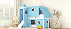 English Elm Twin Castle Loft Bed with Slide Tent Tower and Play Space for Kids Rooms Blue N708P249511C