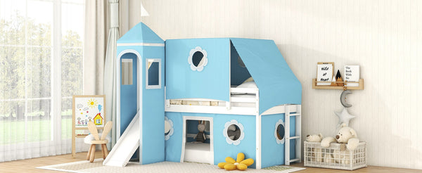 English Elm Twin Castle Loft Bed with Slide Tent Tower and Play Space for Kids Rooms Blue N708P249511C