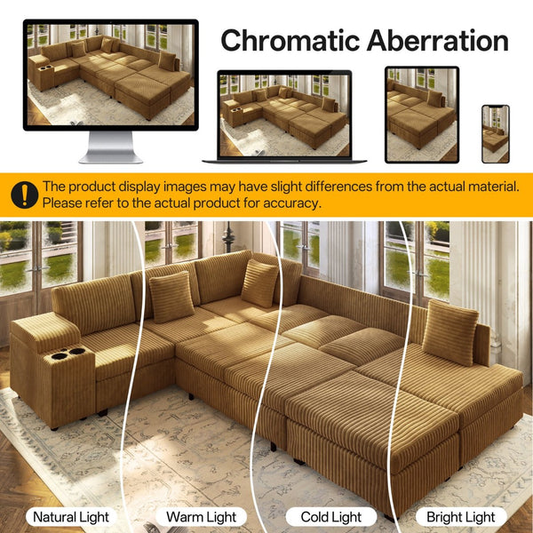 English Elm 110.2" Corduroy Sectional Sleeper Sofa with Ottoman Usb Ports Storage Armrests Living Room Camel W3219S00015