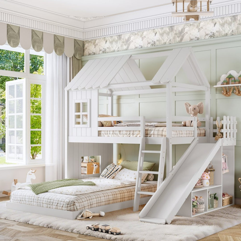 English Elm Twin Over Full Playhouse Bunk Bed with Slide Ladder Storage Shelves and Wardrobe Light White W5305S00039