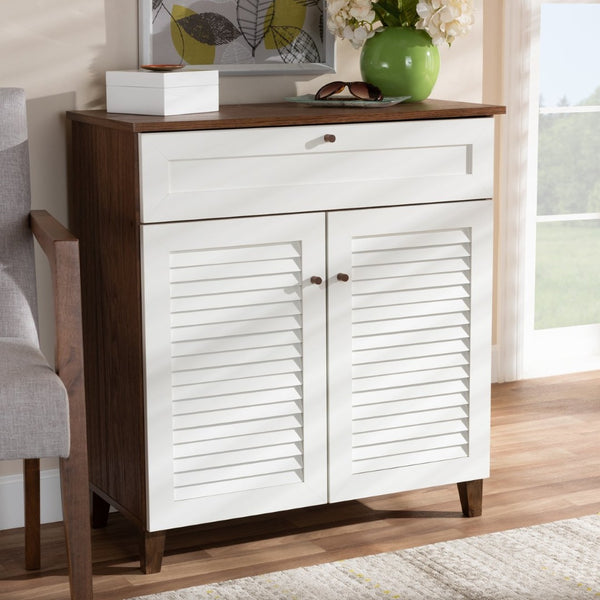 Baxton Studio Baxton Studio Coolidge Modern Shoe Storage Cabinet with Drawer, Chic Two-Tone Design for Any Space 4-Shelf FP-02LV-Walnut/White