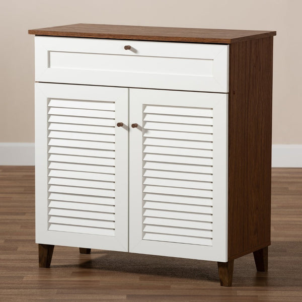 Baxton Studio Baxton Studio Coolidge Modern Shoe Storage Cabinet with Drawer, Chic Two-Tone Design for Any Space 4-Shelf FP-02LV-Walnut/White