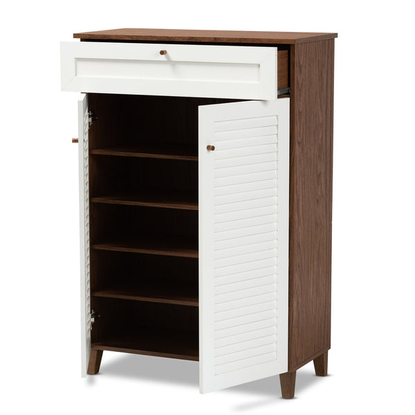 Baxton Studio Baxton Studio Coolidge Modern Shoe Storage Cabinet with Drawer, Chic Two-Tone Design for Any Space 5-Shelf FP-03LV-Walnut/White