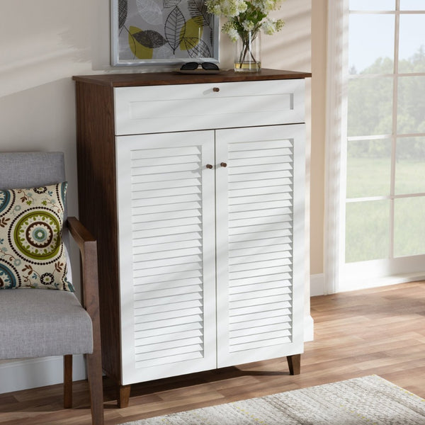 Baxton Studio Baxton Studio Coolidge Modern Shoe Storage Cabinet with Drawer, Chic Two-Tone Design for Any Space 5-Shelf FP-03LV-Walnut/White