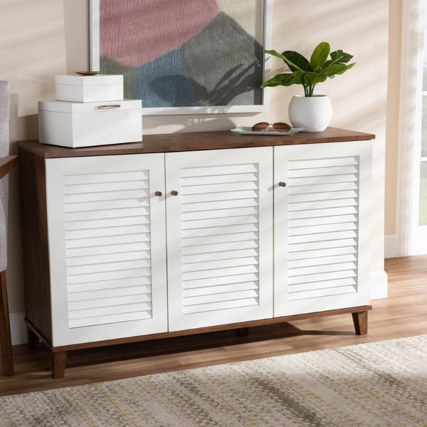 Baxton Studio Baxton Coolidge Modern 8-Shelf Wood Shoe Storage Cabinet in Walnut Finish for Chic Entryway Organization FP-04LV-Walnut/White