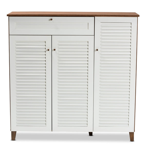 Baxton Studio Baxton Studio Coolidge Modern Shoe Storage Cabinet - Walnut Finish, 11 Shelves & Drawer for Accessories FP-05LV-Walnut/White