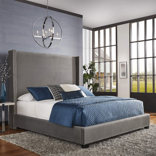Damara Pleated Velvet Upholstered Eastern King Bed Rubberwood Frame Modern Bedroom
