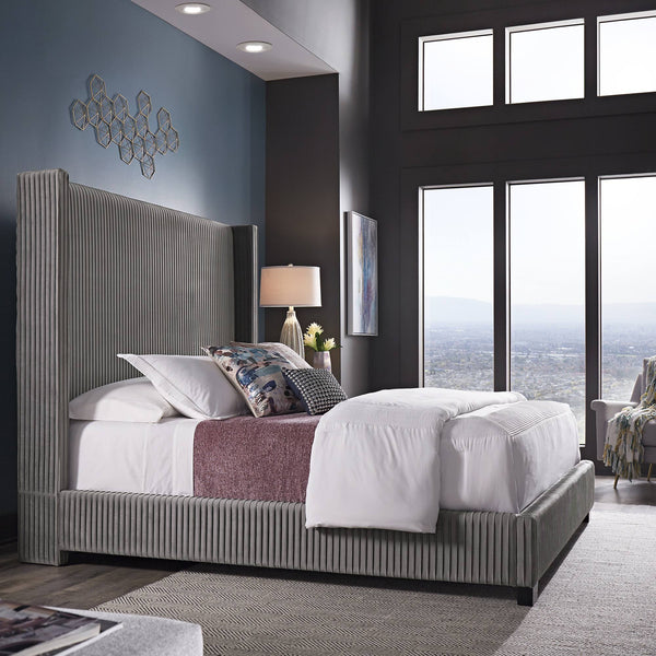 Damara Pleated Velvet Upholstered Eastern King Bed Rubberwood Frame Modern Bedroom