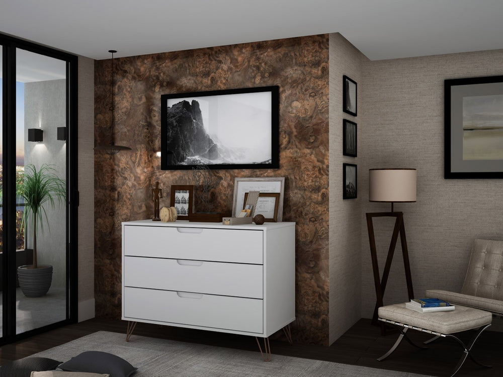 Manhattan Comfort Rockefeller Mid-century Modern Dresser With 3 Drawers In White - Stylish Storage For Your Bedroom White Mdf 103gmc1