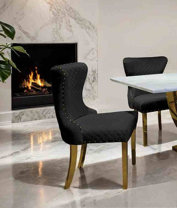 English Elm Glam 2Pc Black Side Chair Set With Gold Square Legs & Diamond Tufting For Chic Dining Spaces B2741P406812