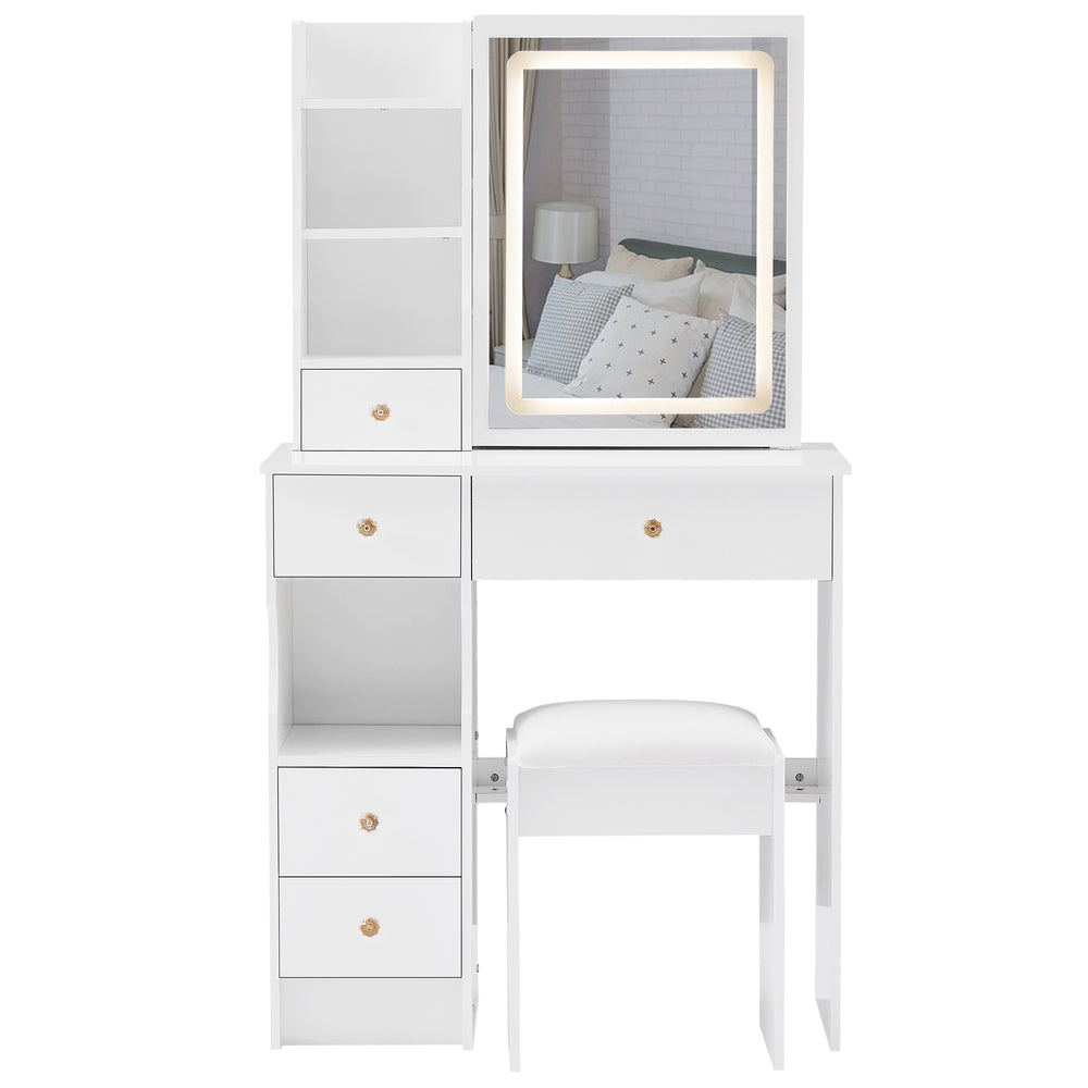 English Elm 29.2" Small Size Left Drawer Vanity Table With Cushioned Stool & Led Touch Control Mirror For Small Spaces W936P202317