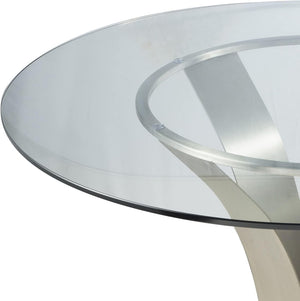 English Elm Cleo Square Tempered Glass Dining Table with Sculptural Brushed Steel Base Seats Four B2736S00034