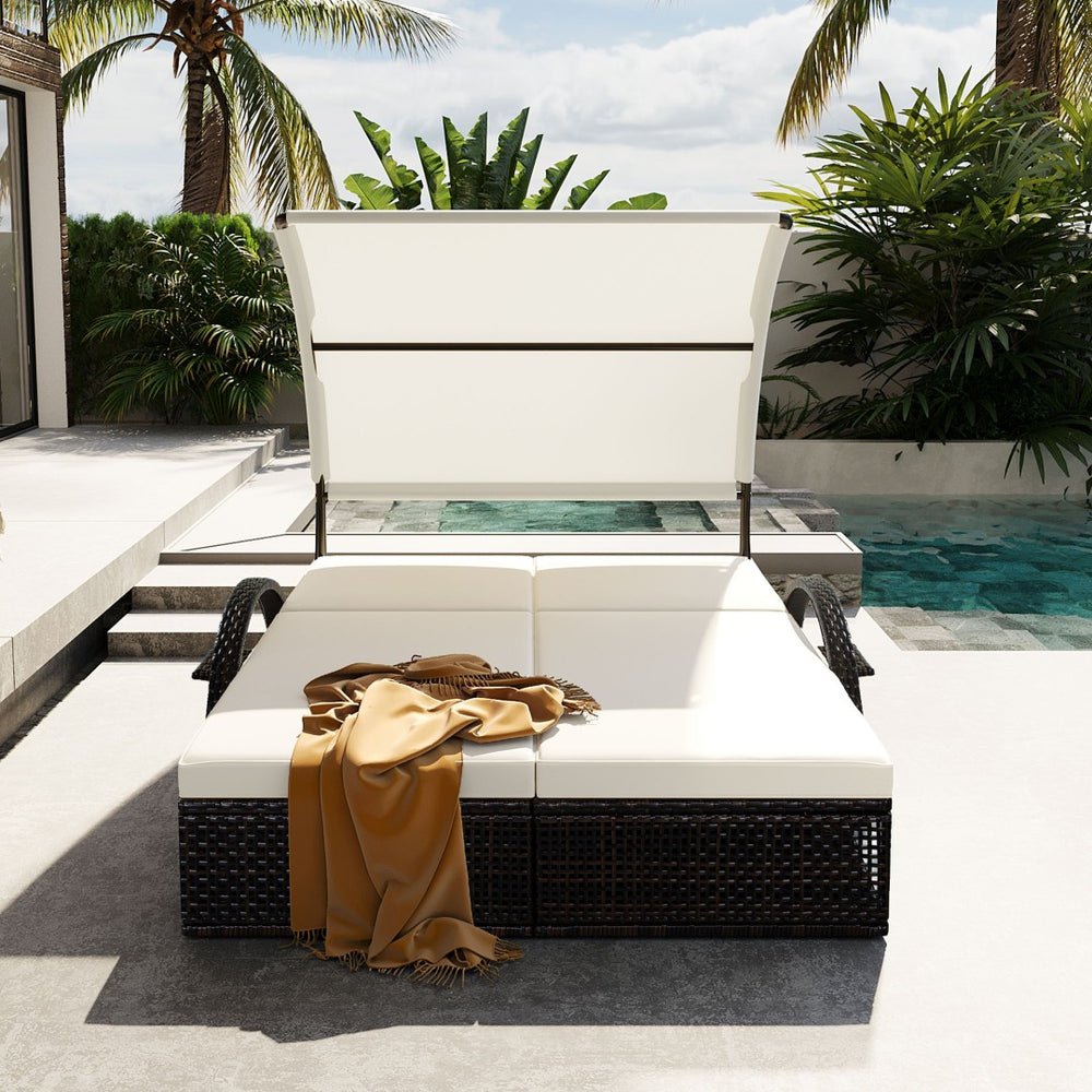 English Elm U_style Outdoor Double Sun Lounger Hdpe Wicker Steel Frame with Canopy Pop up Tables Beige WY000485AAA