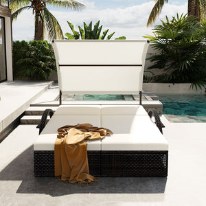 English Elm U_style Outdoor Double Sun Lounger Hdpe Wicker Steel Frame with Canopy Pop up Tables Beige WY000485AAA