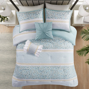 JLA Home Madison Park - 5 Seersucker Comforter Set Shabby Chic Floral Lace Trim Ruffled Pillows Antimicrobial, Breathable Aqua MP10-8288