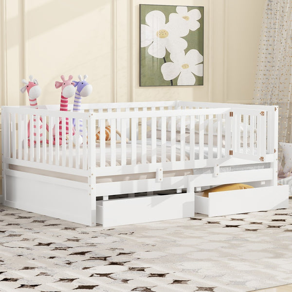 English Elm Full Size Pinewood Kids Daybed with Fence Rails Split Floor Bed and Storage Drawers White LP100882AAK