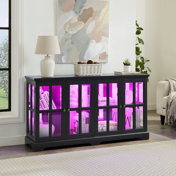 English Elm Led Antique Display Cabinet With Glass Doors, Adjustable Shelves & Remote-Controlled Lighting Features W2275P300145