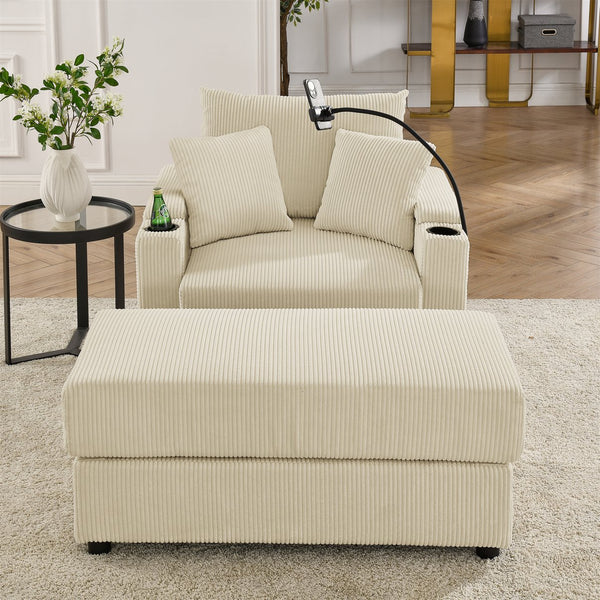 English Elm Modern Sofa Chair With Ottoman, Storage, Cup & Phone Holders – Plush Beige Corduroy For Comfort W1117S00199