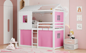 English Elm Twin Treehouse Bunk Bed Solid Pine Playhouse Frame with Cozy Canvas Tent Hideaway LT000379AAH-1