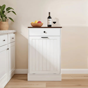 English Elm Tilt Out Trash Can Cabinet 10 Gal Hidden Tilt Design with 2 Drawers Farmhouse MDF Organizer White W3204P364054