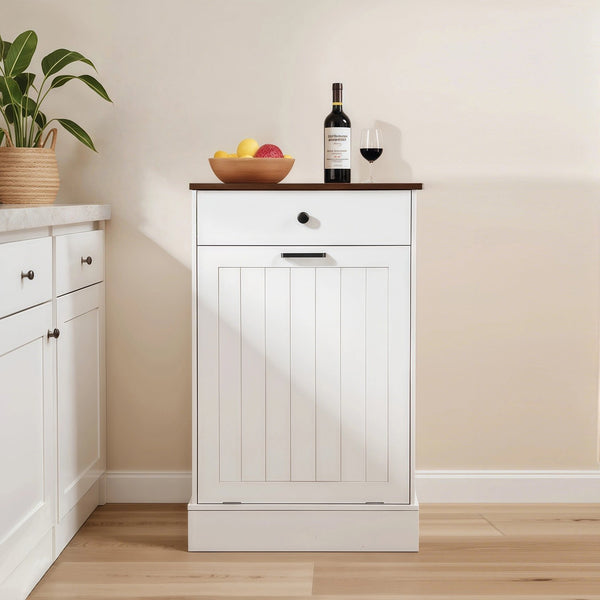 English Elm Tilt Out Trash Can Cabinet 10 Gal Hidden Tilt Design with 2 Drawers Farmhouse MDF Organizer White W3204P364054
