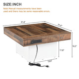 English Elm 31.4'' X 31.4'' Farmhouse Coffee Table With 2 Usb Ports and Outlets, Brown Spliced Wood Grain Center Table With Led Light, Rustic Cocktail Table With Charging Station For Living Room, White