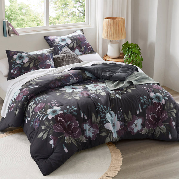 JLA Home Madison Park - 3 Cotton Printed Comforter Set with Dark Grey & Plum Floral Design, Breathable 100% Cotton Face, Machine Washable Elegance 92 L x 104 W x 1.5H MP10-8491