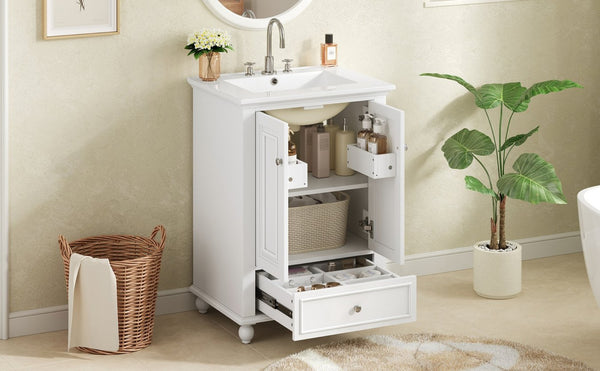 English Elm 24'' French Style Bathroom Vanity with Ceramic Sink Soft Close Cabinet and Drawer White N710P411227K