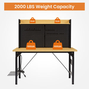 English Elm 48''adjustable Rolling Workbench Steel Frame Pegboard Outlets Garage Workshop W1162P223029