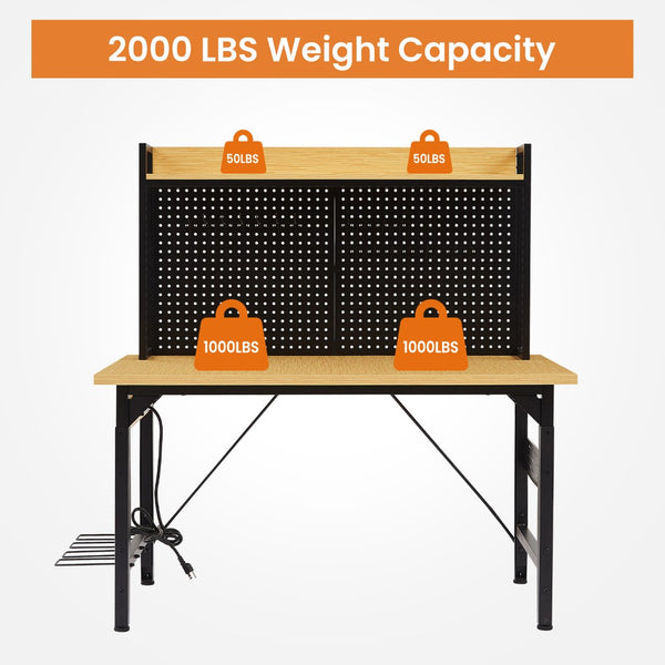 English Elm 48''adjustable Rolling Workbench Steel Frame Pegboard Outlets Garage Workshop W1162P223029