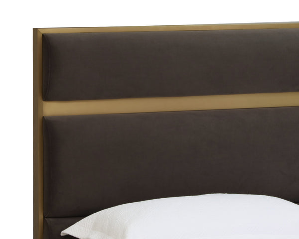 Sunpan Reign Bed - Elegant Meg Ash Fabric with Gold Stainless Steel Headboard, No Box Spring Needed King