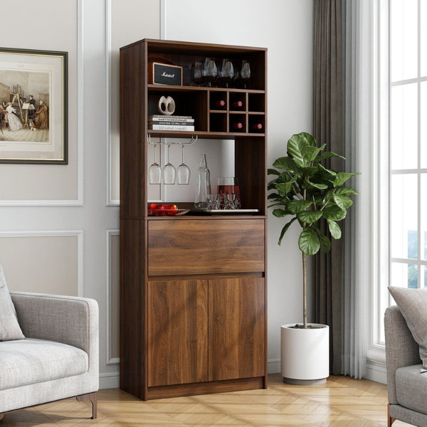 English Elm Kitchen Walnut Buffet Cabinet with Wine Rack Open Shelving Drawers and Closed Storage W331P425319