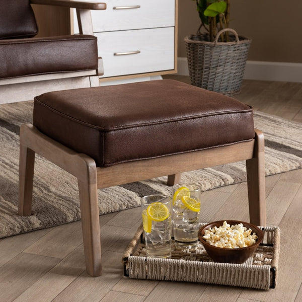 Baxton Studio Baxton Studio Sigrid Mid-Century Ottoman - Dark Brown Faux Leather, Antique Oak Frame, Versatile Design Sigrid-Dark Brown/Antique Oak-Otto