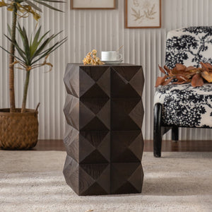 English Elm 23.62"Height Vintage Embossed Retro Side Table with Three-Dimensional Carved Pattern Durable Wood Nightstand Brown W757P250946