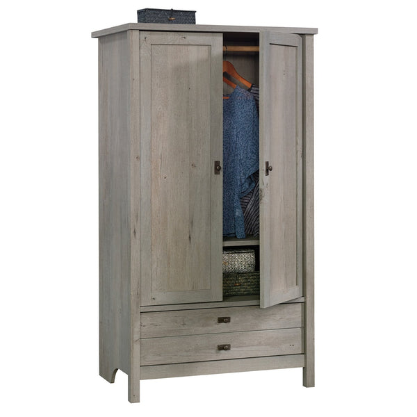 English Elm Armoire, Rustic Brown Finish With Hidden Storage, Garment Rod & Adjustable Shelf For Compact Spaces B356P402677