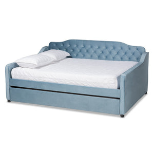 Baxton Studio Baxton Studio Freda Elegant Light Blue Velvet Daybed with Pull-Out Trundle for Stylish Comfort Queen Freda-Light Blue Velvet-Daybed-Q/T