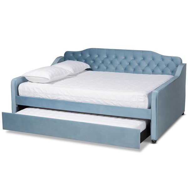 Baxton Studio Baxton Studio Freda Elegant Light Blue Velvet Daybed with Pull-Out Trundle for Stylish Comfort Queen Freda-Light Blue Velvet-Daybed-Q/T