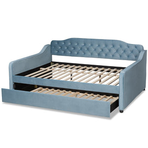Baxton Studio Baxton Studio Freda Elegant Light Blue Velvet Daybed with Pull-Out Trundle for Stylish Comfort Queen Freda-Light Blue Velvet-Daybed-Q/T