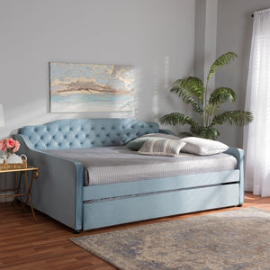 Baxton Studio Baxton Studio Freda Elegant Light Blue Velvet Daybed with Pull-Out Trundle for Stylish Comfort Queen Freda-Light Blue Velvet-Daybed-Q/T